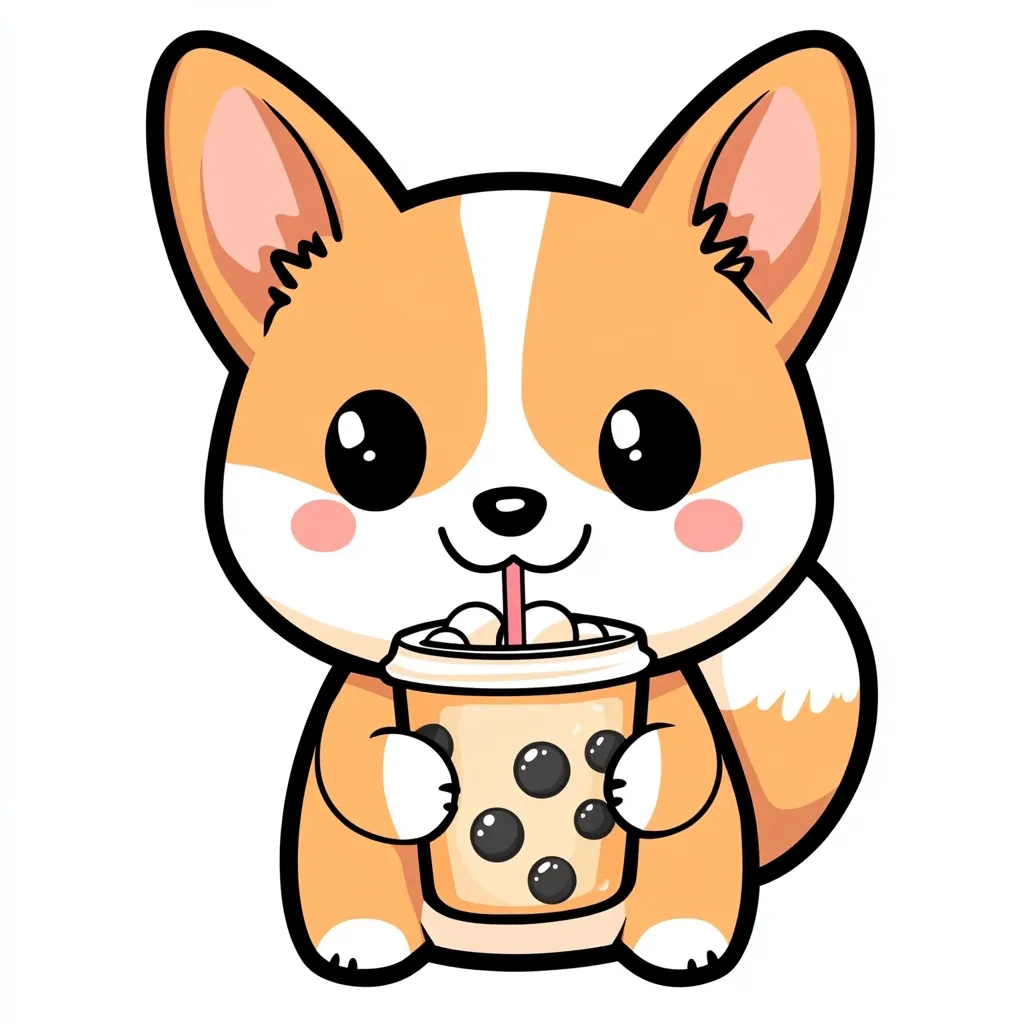 An illustration of an adorable cartoon corgi dog happily holding and sipping a cup of boba tea.  The corgi is depicted in a cute, chibi-style with large eyes and a fluffy tail. The boba tea is light brown with visible tapioca pearls, and a pink straw.  The overall style is cheerful and playful.
