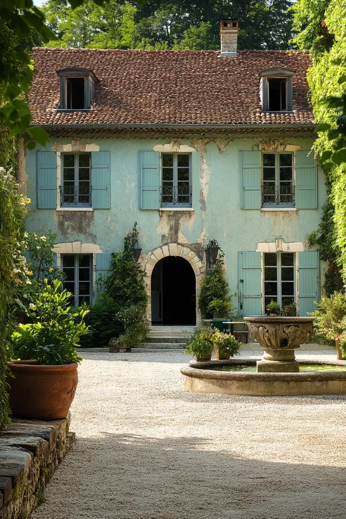 A charming light blue stone house with a terracotta roof sits serenely.  Light teal shutters adorn the windows, complementing the aged stone walls. A central arched doorway leads inside, while a stone fountain graces the gravel courtyard. Lush greenery surrounds the house, creating a peaceful, idyllic scene. The overall impression is one of rustic elegance and tranquility.