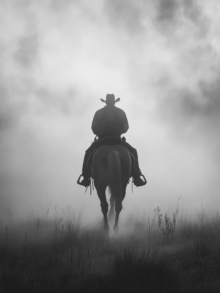 A lone cowboy, silhouetted against a misty sky, rides away on horseback.  The monochrome image emphasizes the solitude of the figure and the vastness of the landscape.  Dust rises from the path as the horse walks, disappearing into the fog. The scene evokes a sense of mystery and the classic imagery of the American West.