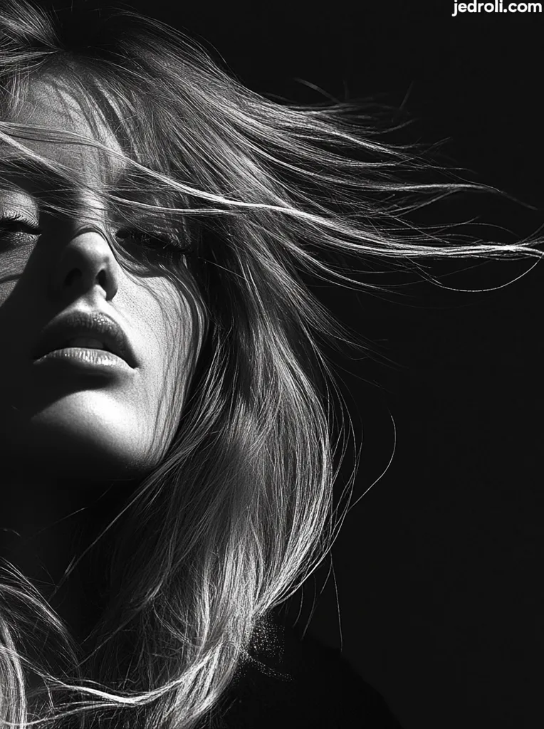 A black and white close-up portrait of a woman.  Her long, flowing hair is partially obscuring her face, with strands catching the light.  Her eyes are closed, and her expression is serene. The image is dramatically lit, creating strong contrasts between light and shadow, emphasizing the texture of her hair and skin.  The background is pure black, focusing attention solely on the subject.