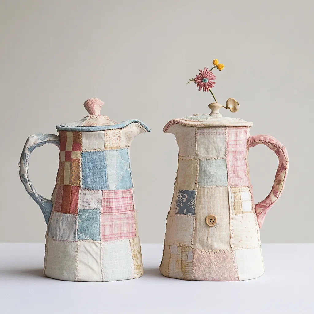 Two handcrafted ceramic pitchers, adorned with patchwork fabric in muted pastel hues, stand side-by-side.  The fabrics, stitched together in a quilt-like pattern, create a rustic and charming aesthetic. One pitcher is topped with a small, delicate flower. The overall style evokes a sense of vintage charm and handcrafted artistry.