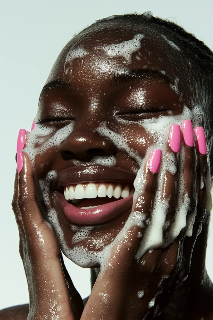 A close-up shot of a Black woman with her eyes closed, smiling widely while washing her face with a foaming cleanser.  Her hands, with bright pink nails, gently massage the lather into her skin. The image is bright and focuses on the joy and cleanliness of the skincare routine.  The background is a soft, light color.