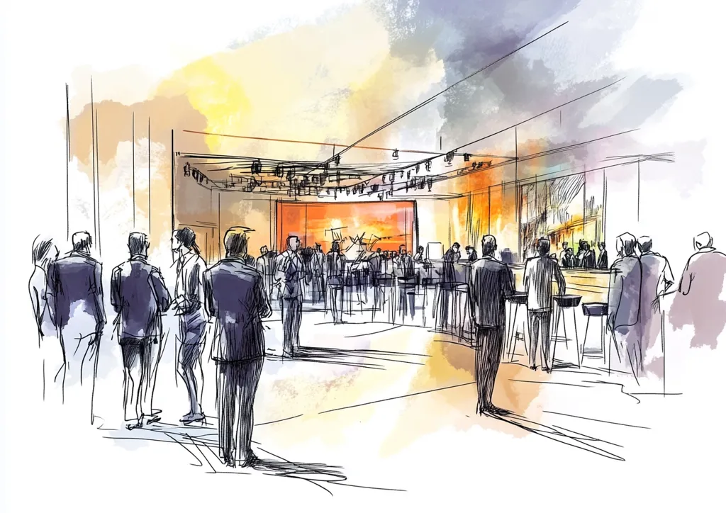 A watercolor and ink sketch depicts a lively social gathering in a modern, spacious venue.  Numerous people, dressed in business attire, are mingling, some standing in small groups, others at a bar along one wall. The background features a large screen displaying an abstract image, adding to the ambiance of the scene. The overall style is loose and impressionistic, capturing the energy of the event.