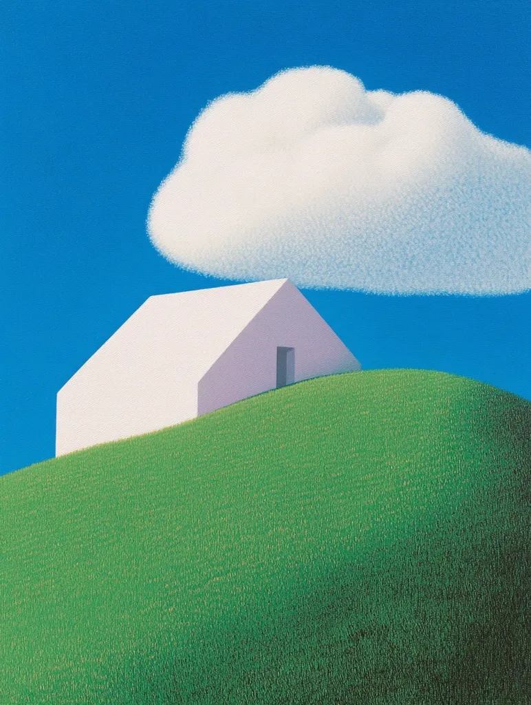 A minimalist illustration depicts a simple white house nestled atop a vibrant green hill against a clear blue sky. A fluffy white cloud floats gently above the house. The scene is serene and peaceful, showcasing a harmonious blend of nature and architecture in a stylized, almost surreal manner. The artwork's simplicity emphasizes the beauty of basic forms and colors.