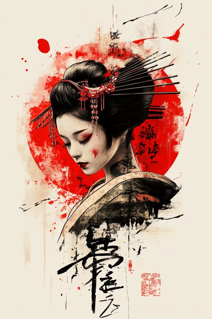 A stylized portrait of a geisha, rendered in a vibrant mix of red and black ink splatters.  Her traditional hairstyle and ornate hairpiece are meticulously detailed against a backdrop of bold brushstrokes and Japanese calligraphy. The overall effect is a dramatic and expressive fusion of Eastern aesthetics and abstract art.  The red circle behind her evokes a rising sun or a splash of blood, adding to the image's powerful mood.