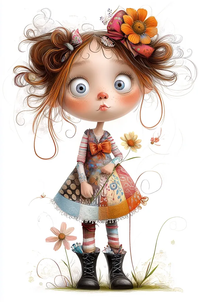 A whimsical illustration of a girl with large eyes and curly brown hair adorned with a floral bow. She wears a patchwork dress and sturdy black boots, holding a single yellow flower.  The style is reminiscent of children's book illustration, with delicate linework and soft color palettes.  Wildflowers and whimsical swirls surround her, adding to the fanciful nature of the piece.