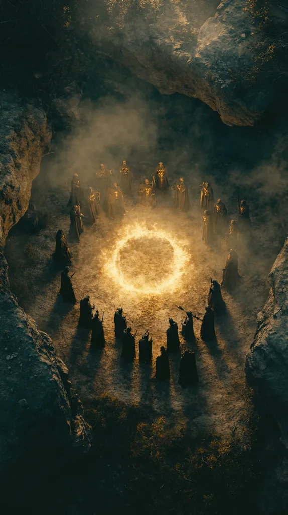 An aerial shot reveals a ring of fire glowing brightly at the center of a rocky, desolate landscape.  Surrounding the fiery circle, two groups of cloaked figures stand facing each other, creating a mystical and somewhat ominous scene.  The atmosphere is thick with smoke, enhancing the dramatic, otherworldly quality of the image.  The overall impression is one of ritual or ceremony.