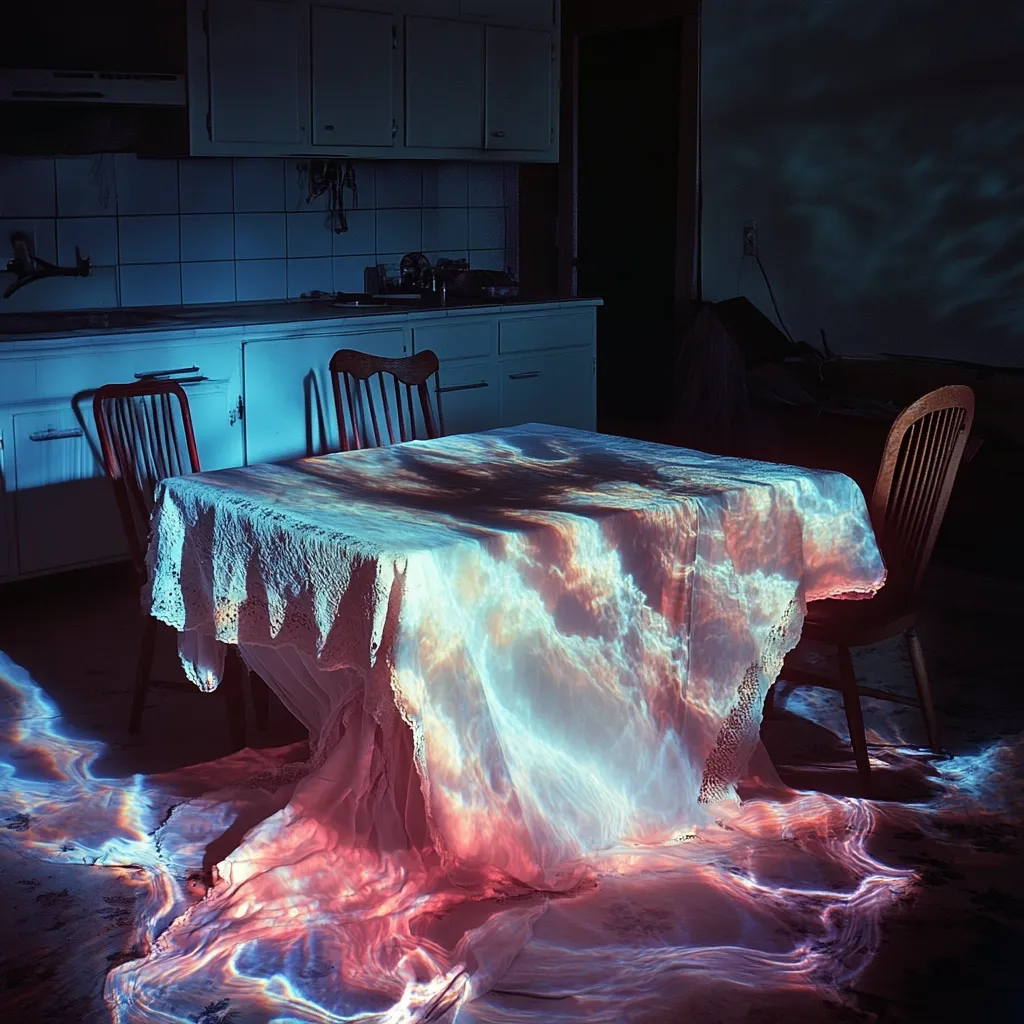 A dimly lit kitchen scene features a table draped with a lace tablecloth.  The tablecloth is illuminated from below, projecting a mesmerizing, ethereal light pattern resembling swirling clouds in shades of pink, blue, and purple onto the floor and table.  Two wooden chairs flank the table, creating a surreal and dreamlike atmosphere.  The kitchen itself appears old and slightly dilapidated, adding to the overall mysterious mood.