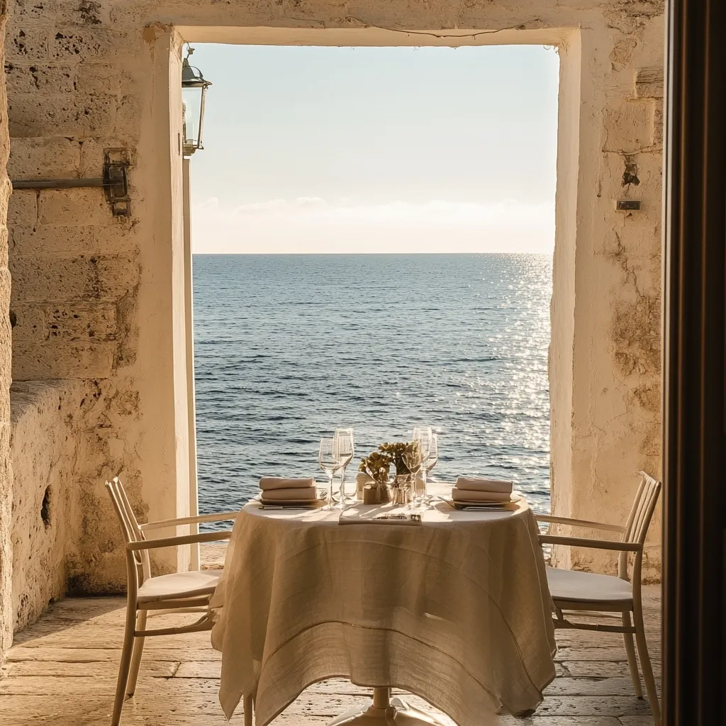 A romantic seaside dinner setting is captured through a stone archway.  A simply decorated table, draped with a beige linen tablecloth, is set for two, overlooking a calm sea.  Two chairs flank the table, offering an idyllic view. The sunlit scene evokes tranquility and luxury. The rustic stone walls contrast beautifully with the elegant table setting.