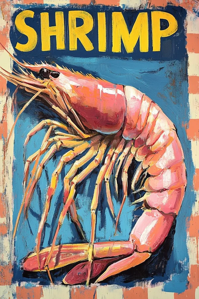 A vibrant painting of a large pink shrimp dominates the canvas.  The shrimp is depicted in a stylized, almost cartoonish manner with bold brushstrokes.  The word "SHRIMP" is prominently displayed in yellow block letters at the top, against a teal background.  A textured, checkered border frames the image, adding to its retro aesthetic. The overall style is reminiscent of vintage food advertisements.