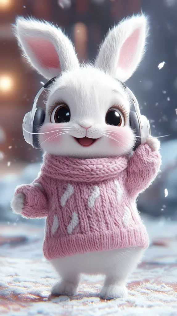 A cute, fluffy white bunny, wearing a pink knitted sweater and headphones, stands in the snow.  Its large, expressive eyes and cheerful expression create a heartwarming image.  Snowflakes gently fall around it, enhancing the wintery scene. The bunny appears to be enjoying the moment, creating a delightful and charming picture.