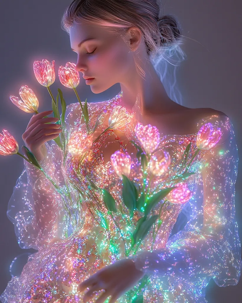 A young woman, eyes closed, serenely holds a bouquet of luminous tulips.  Her ethereal gown, shimmering with iridescent light, seems woven from the same magical essence as the flowers.  The overall effect is dreamlike and otherworldly, a captivating blend of fantasy and beauty. The soft lighting enhances the mystical atmosphere.