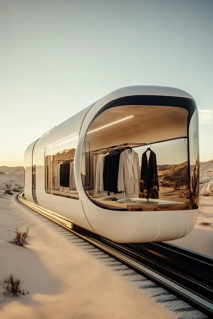 A futuristic, sleek white train-like structure traverses a sandy desert landscape.  Its large, curved windows reveal an interior showcasing neatly arranged clothing on display, suggesting a mobile boutique or showroom. The design is minimalist and modern, blending seamlessly with the desolate, sun-drenched environment.  The vehicle appears to be elevated on a unique track system.