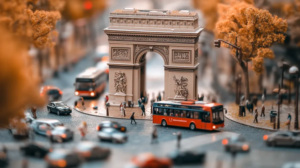 A miniature replica of the Arc de Triomphe in Paris sits at a bustling miniature intersection.  Tiny cars and buses navigate around the iconic monument, surrounded by miniature trees in autumnal colors and small figures of pedestrians. The scene is detailed, creating an immersive, almost lifelike, model city.  The depth of field focuses on the Arc, blurring the surrounding vehicles and people.