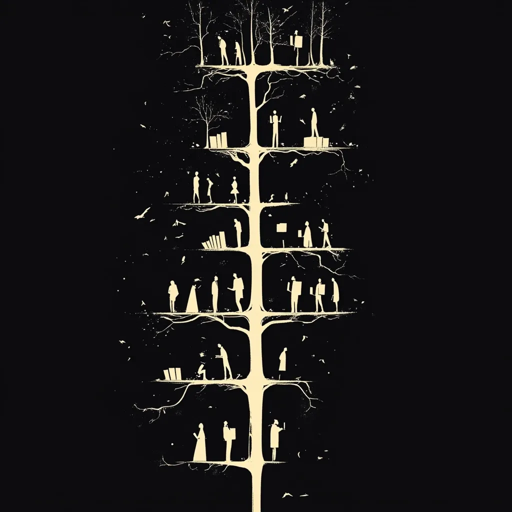 A stylized tree, rendered in cream against a black background, depicts various stages of human life and work.  Silhouetted figures engage in different activities on horizontal branches, representing career progression, relationships, and life events.  The tree's branches spread, symbolizing growth and the passage of time.  The overall aesthetic is minimalist and evocative, suggesting a narrative of life's journey.