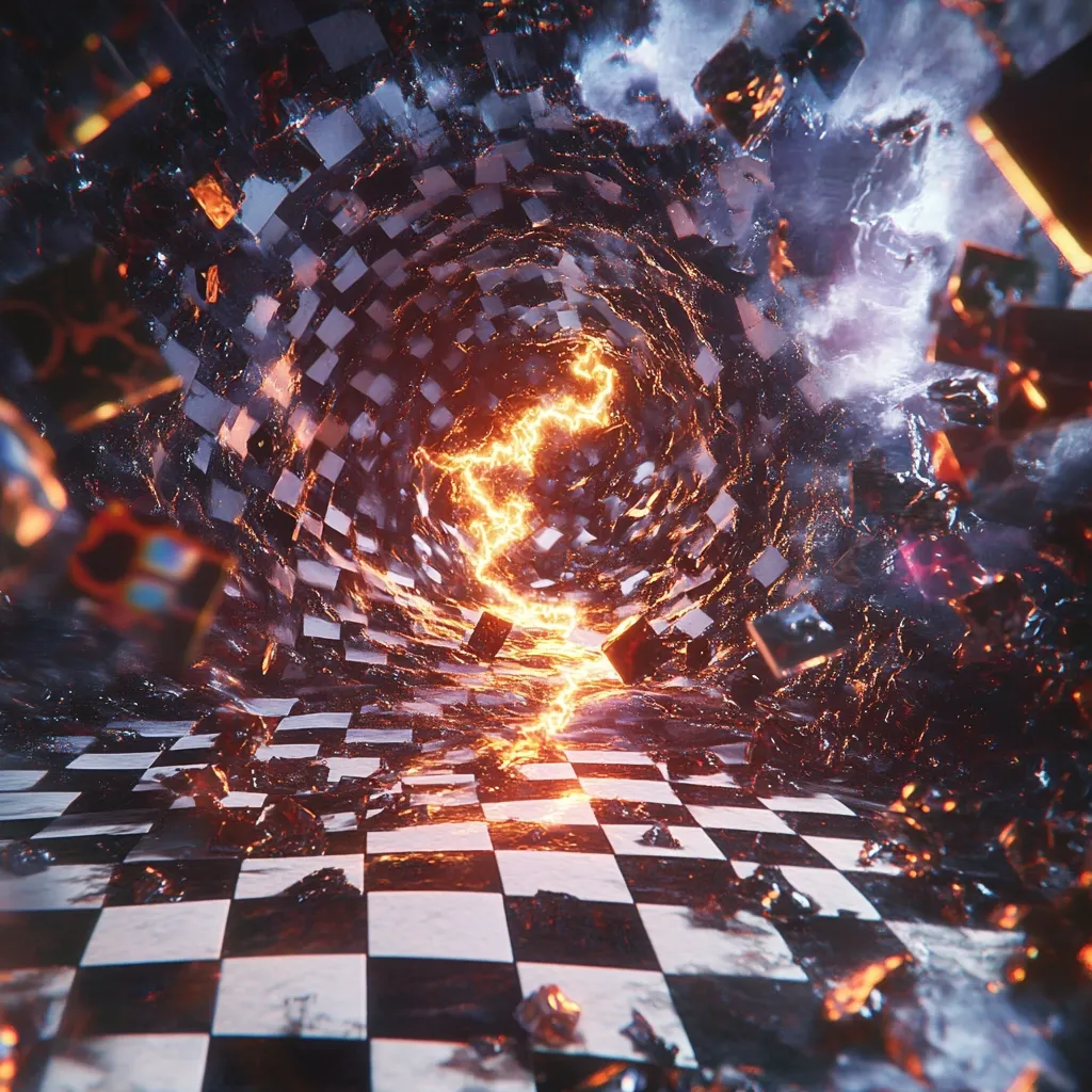 A surreal digital artwork depicts a swirling vortex of black and white checkered cubes, resembling a distorted chessboard.  A fiery, lightning-like bolt streaks through the center.  The scene is chaotic, with fragments of cubes scattered around, creating a sense of movement and destruction.  The overall atmosphere is dark and dramatic, with a blend of fiery orange and cool blues and greys.