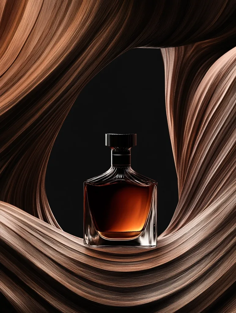 A luxurious perfume bottle with a dark amber liquid sits nestled within a swirling, abstract form resembling rich, brown hair or silk.  The dark background enhances the bottle's sophisticated design and the warm tones of the surrounding material. The image exudes elegance and sensuality, highlighting both the perfume and the artistic presentation.