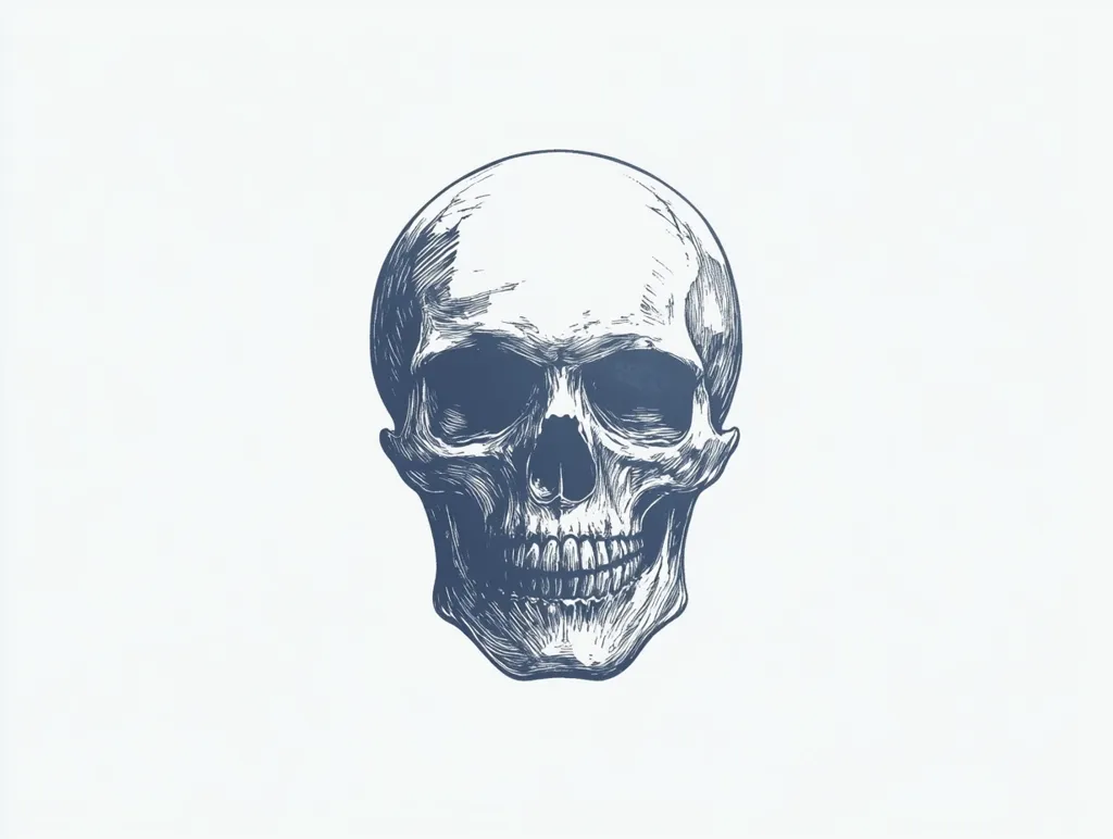 A detailed, hand-drawn illustration of a human skull is presented.  The skull is rendered in a monochromatic blue-grey tone against a light background, showcasing intricate lines and shading that emphasize its texture and form.  The image is simple yet striking, capturing the anatomical details with precision.  The skull's expression is neutral, creating a contemplative mood.