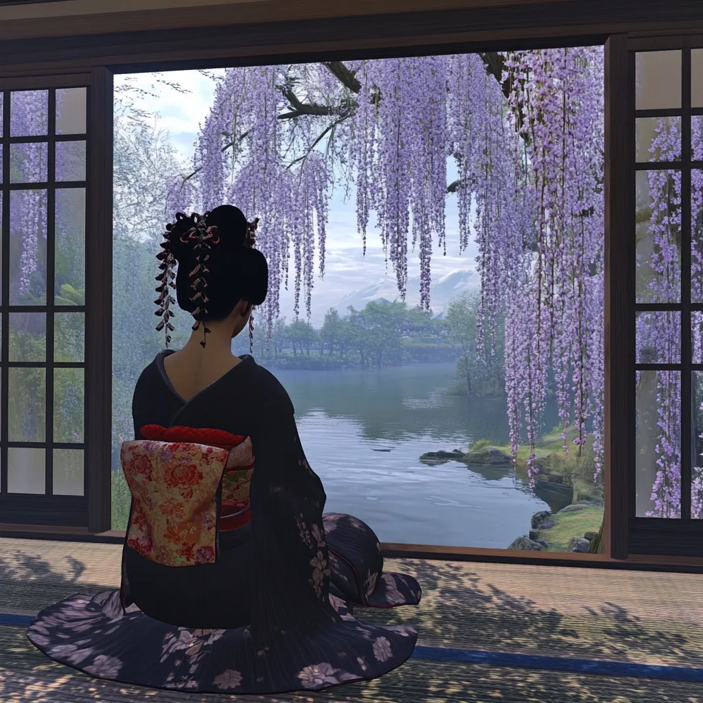 A woman in a traditional Japanese kimono sits serenely before a large window.  Outside, a tranquil lake reflects a misty mountain range, framed by vibrant, cascading wisteria blossoms. The scene evokes peace and contemplation, a moment of quiet beauty in a serene Japanese setting. The soft light and muted colors enhance the tranquil atmosphere.