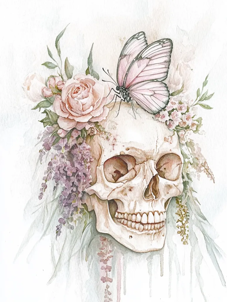 A watercolor painting depicts a human skull adorned with a delicate crown of blush pink roses, lavender, and other wildflowers.  A pale pink butterfly rests gently atop the floral arrangement. The style is ethereal and slightly macabre, contrasting the beauty of the flowers with the memento mori of the skull.  Soft watercolor washes create a dreamy, almost melancholic atmosphere.
