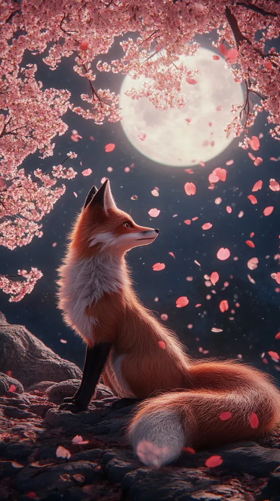 A red fox sits serenely under a full moon, bathed in the soft glow of falling cherry blossoms.  The fox's fur is richly colored, its gaze directed towards the moonlit sky. Pink petals gently drift down, creating a magical, ethereal atmosphere.  The scene evokes a sense of peace and tranquility in a whimsical, fantasy setting.