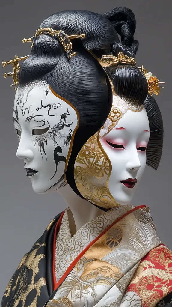 A geisha-inspired sculpture is depicted, its face a captivating blend of two masks. One half showcases a stark white mask adorned with intricate black ink designs, while the other half is a delicate white mask with gold leaf detailing. The sculpture's elaborate black hair is adorned with golden hairpins, and it wears a luxurious kimono with black, gold, and red accents, enhancing its overall elegance. The artwork presents a striking visual contrast and intricate detail.