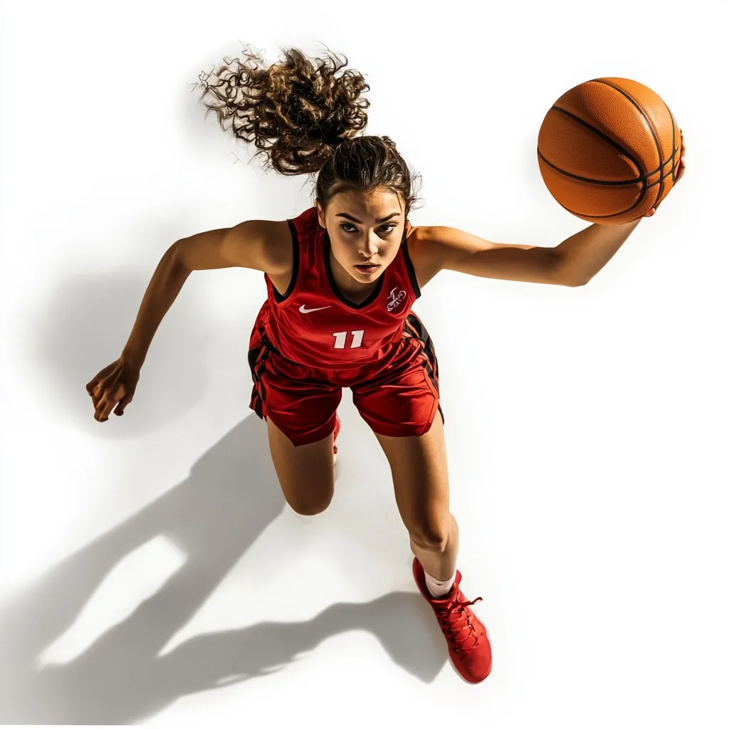 A high-angle shot captures a young female basketball player in action.  She's wearing a red jersey with the number 11, and red shorts. Her curly hair is pulled back in a ponytail.  She dribbles a basketball with her right hand, her intense gaze directed at the camera. The image is set against a bright white background, showcasing a strong shadow cast by her body.  Her athleticism and determination are clearly evident.