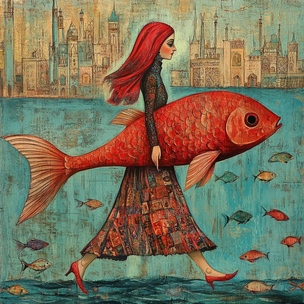 A whimsical painting depicts a red-haired woman in a patchwork skirt carrying a large, vibrant red fish.  She walks across turquoise water toward a fantastical cityscape in the background. Smaller fish surround her, adding to the surreal, dreamlike atmosphere. The artwork's style is textured and slightly rough, enhancing its unique charm.  The overall impression is one of magical realism and quiet adventure.