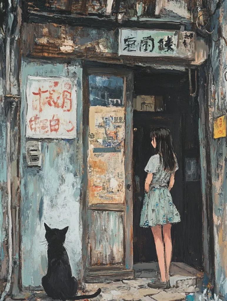 A young woman in a light teal dress stands before a weathered shop entrance.  The building's aged facade is adorned with faded signage in Asian script. A black cat sits quietly beside her, observing the scene. The painting's palette is muted, emphasizing the building's worn texture and the quiet atmosphere of the alleyway.  The overall mood is melancholic and reflective.
