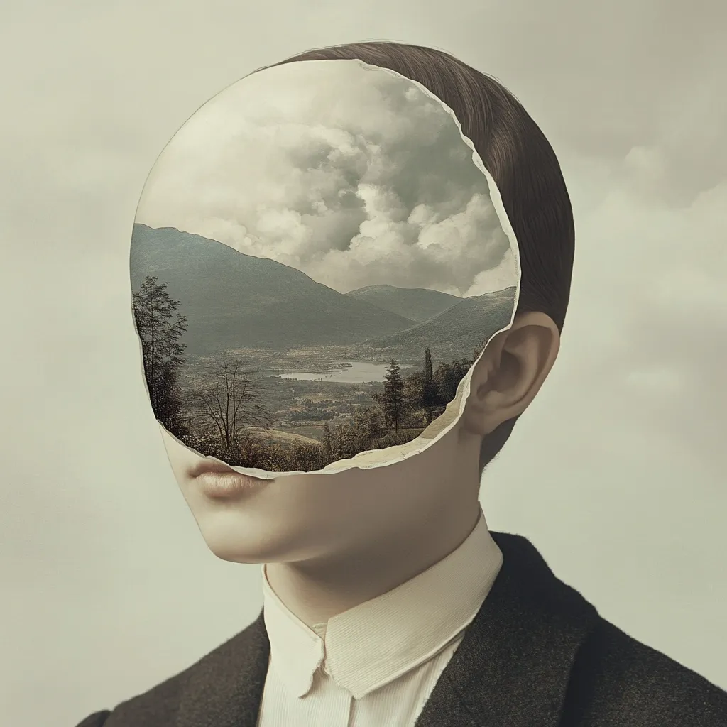 A surreal portrait depicts a person whose face is replaced by a circular opening revealing a serene landscape.  Mountains, a valley, and a lake are visible within the head, suggesting an inner world of nature. The individual is dressed in formal attire, creating a stark contrast between the external formality and the internal expansive scenery. The image evokes themes of introspection, imagination, and the connection between inner and outer realities.
