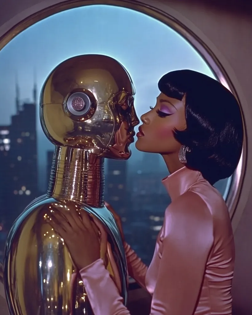 A woman with a bob haircut and pink satin dress kisses a gold robot.  The robot is highly polished and detailed, with a neck resembling segmented rings.  The background features a blurred cityscape at night, viewed through a large circular window.  The scene is evocative of retro-futurism, suggesting a romantic encounter between human and machine.