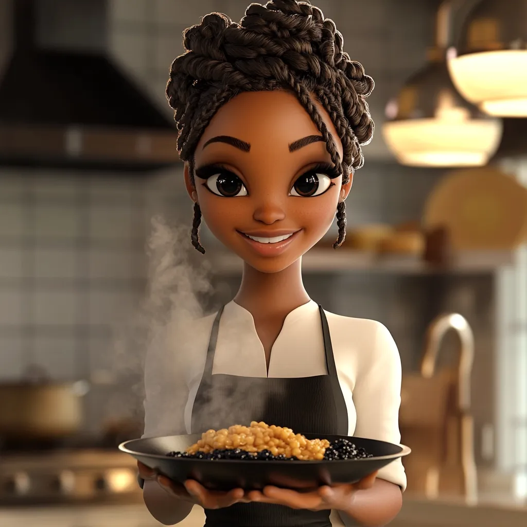 A charming, stylized 3D cartoon of a young Black woman with intricately braided hair. She's dressed in a chef's uniform, proudly presenting a steaming bowl of what looks like lentils or similar dish. The warm kitchen setting adds to the inviting and wholesome feel of the image, evoking a sense of culinary expertise and warmth.  Her expression is friendly and approachable.