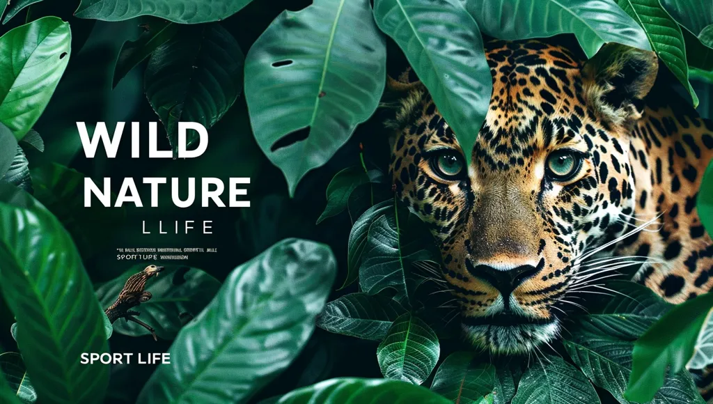 A close-up image showcases a jaguar's intense gaze, partially obscured by lush, vibrant green foliage. The text overlay proclaims "WILD NATURE LLLIFE," emphasizing the wildness and beauty of the scene.  The lower text reads "SPORT LIFE," suggesting a brand or theme related to nature and adventure. The overall mood is one of mystery and natural power.