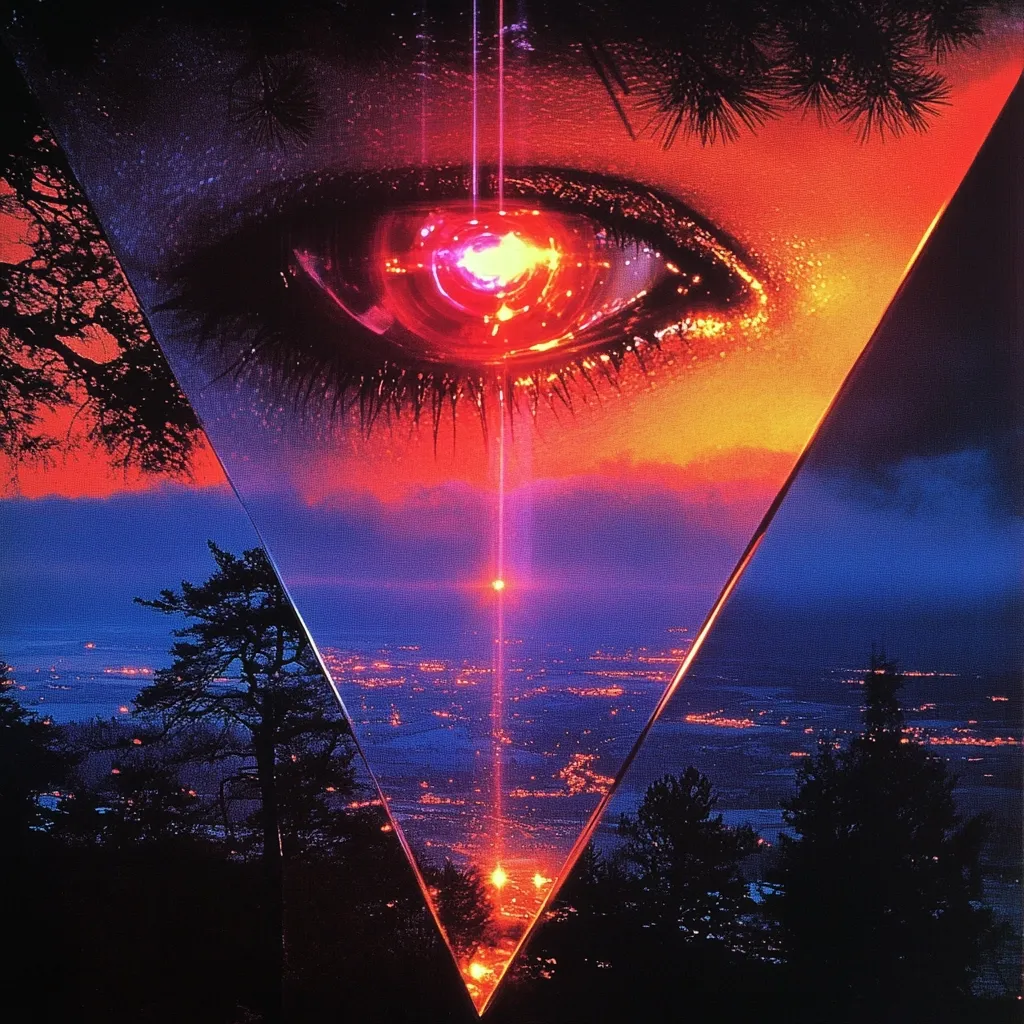 A vibrant, surreal image features a close-up of a stylized eye, its pupil glowing intensely red, dominating the upper portion.  The eye is framed within a triangular reflection, revealing a sprawling cityscape at sunset below.  Warm oranges and reds blend with cool blues and purples, creating a striking contrast and a sense of depth.  The overall effect is psychedelic and dreamlike.