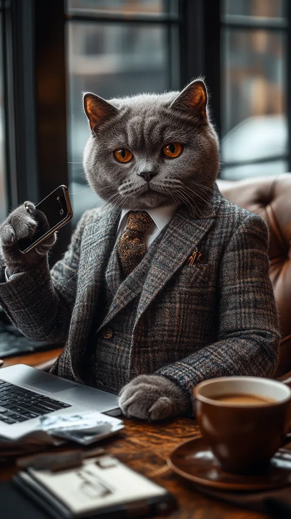A gray British Shorthair cat, dressed in a stylish tweed suit and tie, sits at a wooden desk.  It holds a smartphone in one paw and its other paw rests on a laptop. A cup of coffee and paperwork are also on the desk, creating a humorous and sophisticated scene. The cat appears to be conducting business, creating a playful juxtaposition of feline and corporate worlds.  The background features a large window with a blurred cityscape.