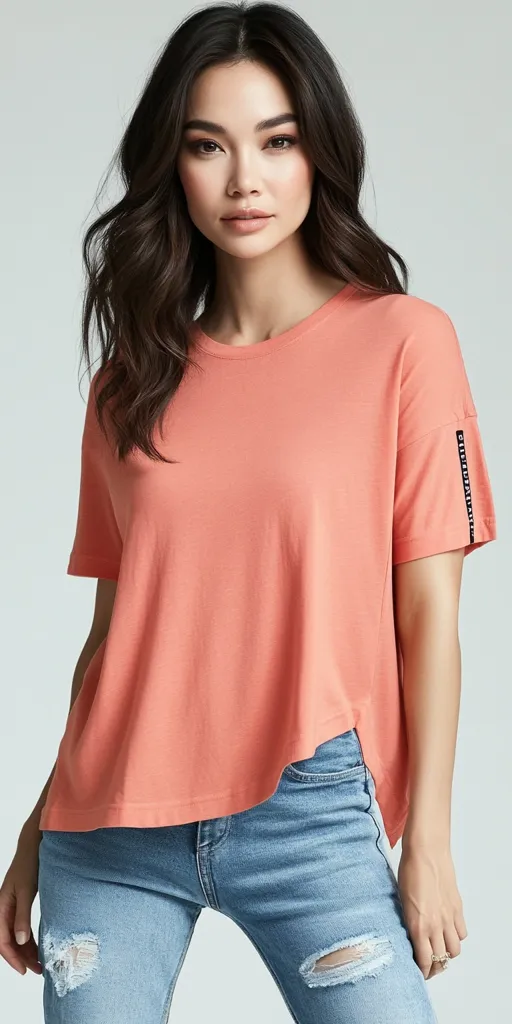 A young woman with long, wavy brown hair models a coral-colored, oversized t-shirt with a subtle black design on the sleeves. The shirt is styled with light blue, distressed jeans, creating a relaxed yet stylish look.  Her makeup is natural and enhances her features. The overall style is casual and contemporary.