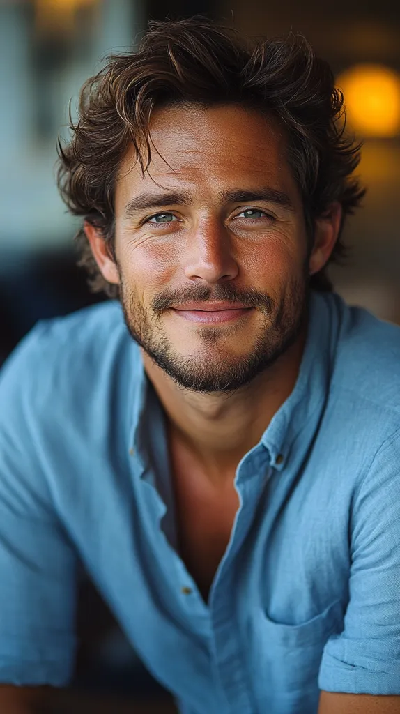 Close-up portrait of a man with tousled brown hair and a light beard. He's wearing a light blue, short-sleeved collared shirt, unbuttoned at the top. His expression is pleasant, a soft smile playing on his lips.  The background is blurred, suggesting an indoor setting. The overall mood is relaxed and approachable.