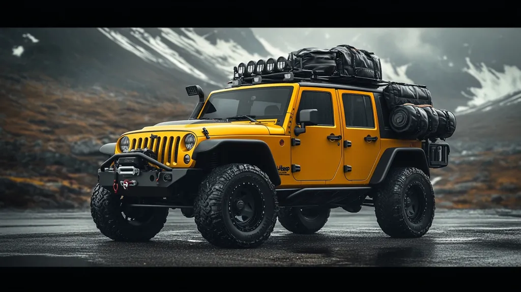A vibrant yellow Jeep Wrangler Unlimited, heavily modified for off-road adventures, is parked on a wet asphalt road.  The vehicle boasts a roof rack laden with luggage, additional off-road lighting, and substantial all-terrain tires.  The backdrop features a dramatic, snow-dusted mountain range under a cloudy sky, enhancing the rugged aesthetic.  The overall image projects a sense of exploration and resilience.
