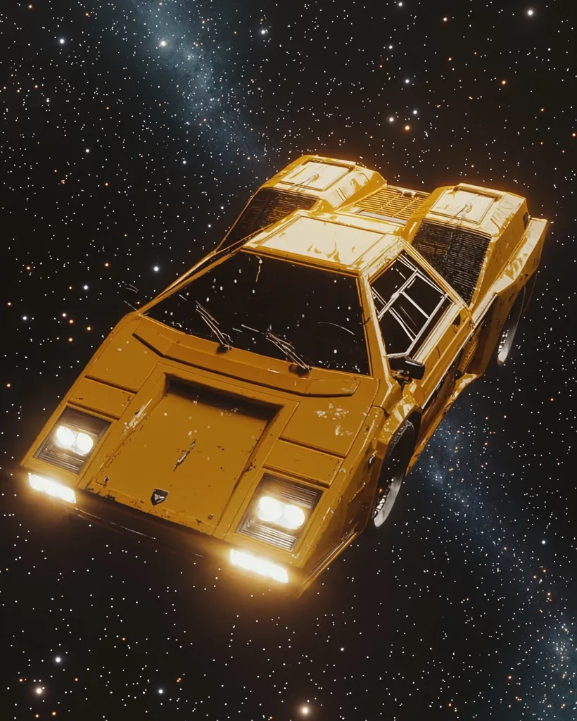 A weathered, yellow Lamborghini Countach floats in the inky blackness of space, its headlights illuminating the surrounding stars.  The car appears slightly distressed, adding to its otherworldly aesthetic against the cosmic backdrop.  The scene evokes a sense of surreal adventure and futuristic fantasy.
