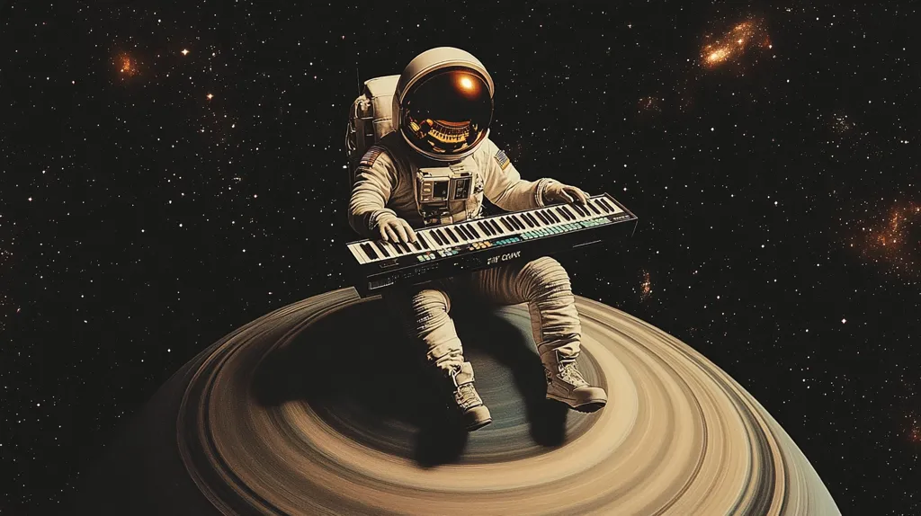 An astronaut sits serenely on a planet's ring, playing a synthesizer.  The vastness of space, speckled with distant stars and galaxies, forms the backdrop. The astronaut's spacesuit is crisp and clean, contrasting with the cosmic dust.  The image evokes a sense of solitude and cosmic exploration, a blend of science fiction and serene musicality.  The scene is peaceful and visually striking.