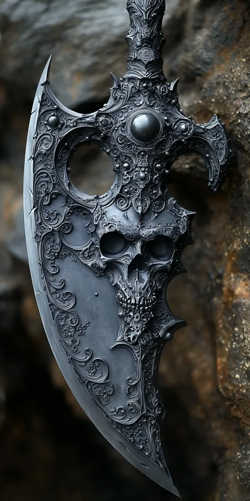 A dark, intricately carved axe head dominates the image.  The metal is dark gray, almost black, and the design features a skull at the center, surrounded by elaborate swirling patterns and ornate details. The craftsmanship is highly detailed, giving the axe a gothic or fantasy aesthetic.  It appears to be made of a heavy metal and is presented against a rough, dark background.