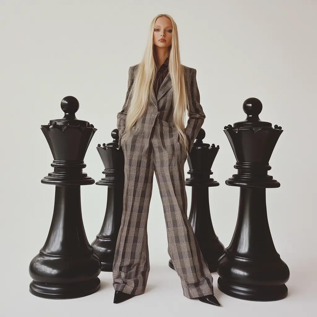 A blonde woman in a brown and beige plaid pantsuit stands confidently between oversized black chess queens.  Her long hair flows down her back. She is positioned centrally, suggesting power and control within a strategic game or business environment. The image's stark background accentuates the model and the chess pieces, emphasizing her dominance.