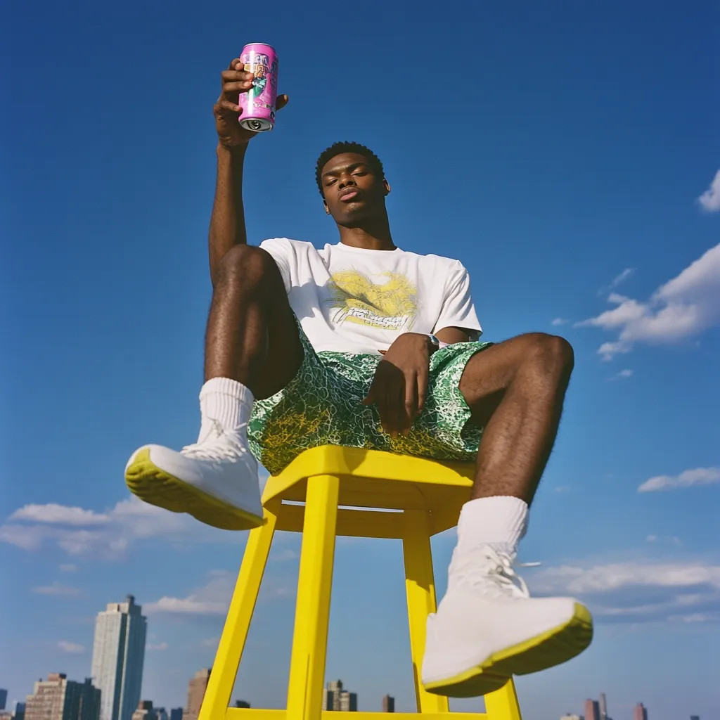 A young man sits on a yellow stool against a bright blue sky, holding a pink can of drink. He wears a white t-shirt with a graphic design, green and white patterned shorts, and white sneakers. The cityscape is visible in the background.  The photo is taken from a low angle, emphasizing the height of the building and the sky.