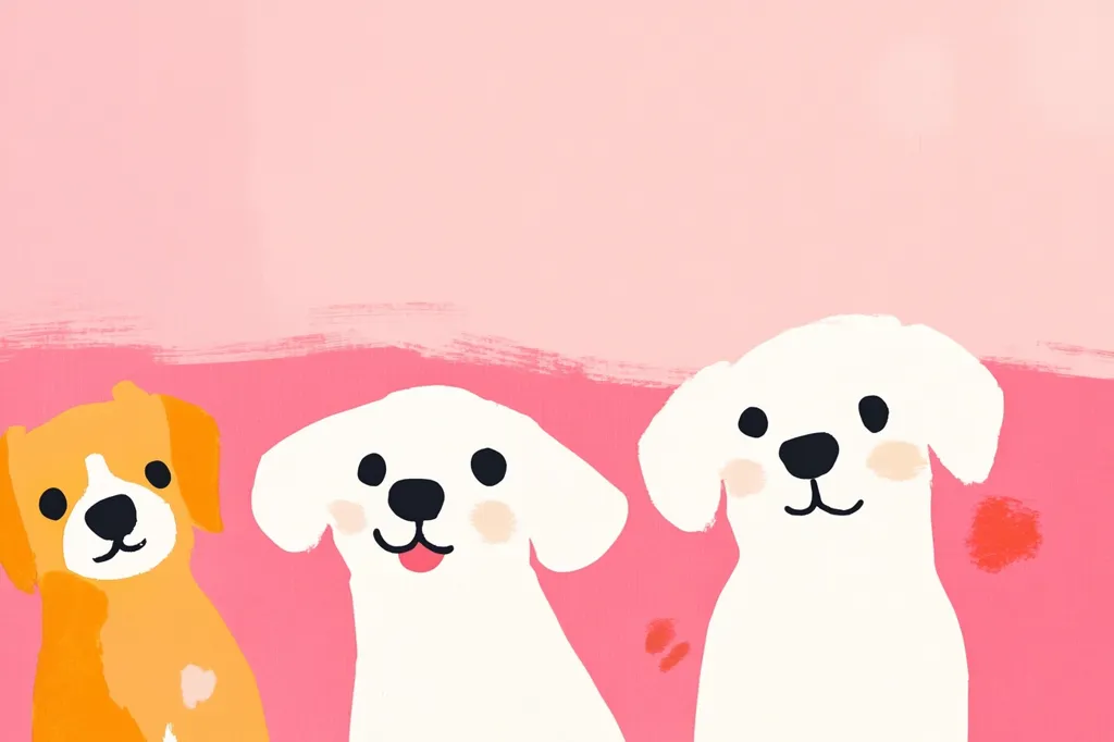 Three stylized cartoon dogs are featured against a pink background.  One is orange, and two are white.  They are simply drawn with large heads and expressive eyes, creating a cute and playful aesthetic. The image has a minimalist, slightly textured feel due to the painted background.  The overall style is cheerful and child-friendly.