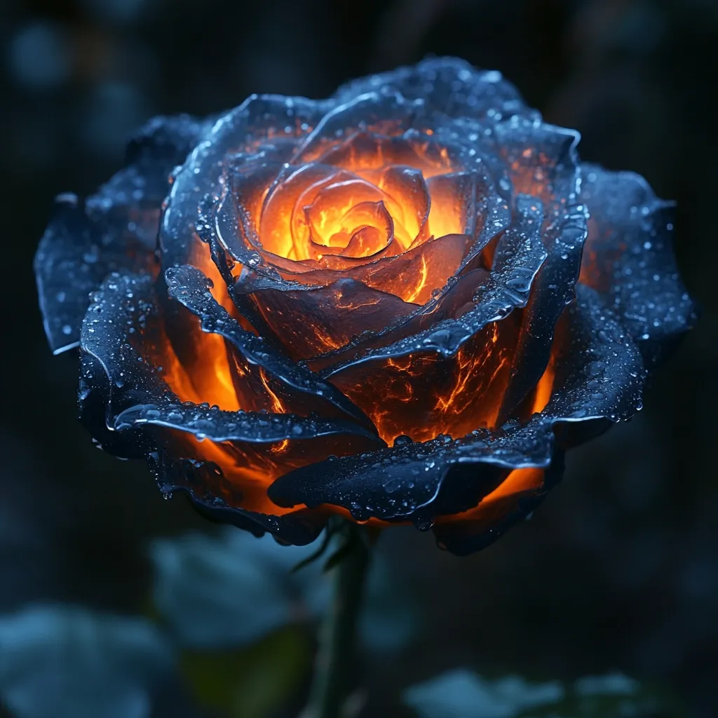 A captivating image showcases a dark blue rose, seemingly imbued with fire.  Water droplets cling to its petals, contrasting with the warm, fiery glow emanating from within. The image creates a surreal and dramatic effect, blending the delicate beauty of a rose with the intensity of flames.  The dark background enhances the rose's ethereal quality.