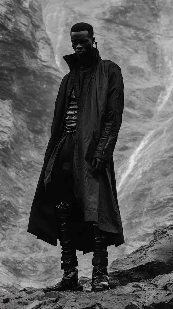 A monochromatic image captures a man in a long, dark coat standing against a dramatic, rocky backdrop. His attire includes high, dark boots and what appears to be protective leg gear.  The coat is voluminous, suggesting a futuristic or post-apocalyptic setting. The man's serious expression and the stark landscape contribute to a mood of mystery and solitude. The overall aesthetic is dark and stylish, possibly representing a fashion editorial or a film still.