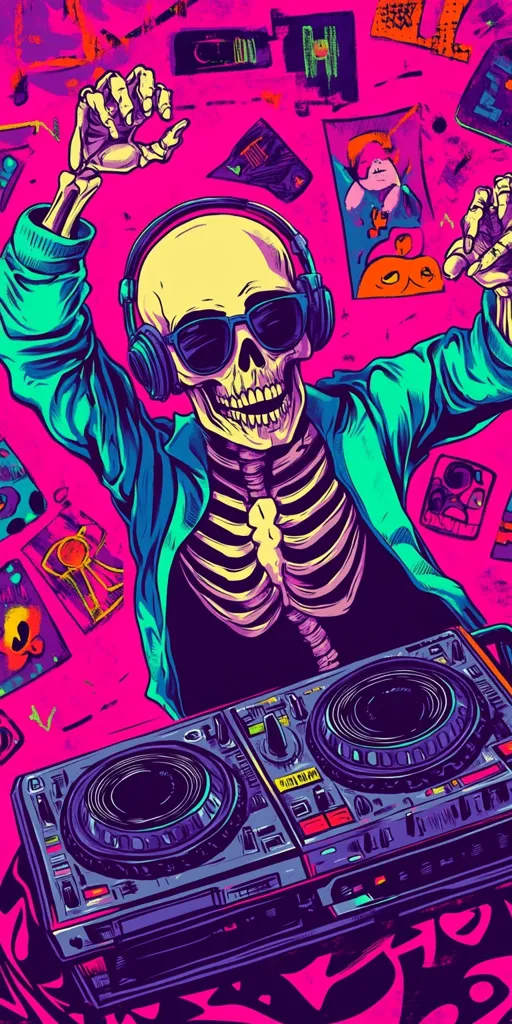 A vibrant illustration depicts a skeleton DJ, clad in a teal jacket and sunglasses, energetically mixing music on a turntable.  The backdrop is a bold pink, filled with scattered cassette tapes and graphic elements in a retro style.  The skeleton's pose is dynamic, suggesting movement and excitement, perfectly capturing the energy of a music scene.  The overall aesthetic is a blend of pop art and 90s rave culture.