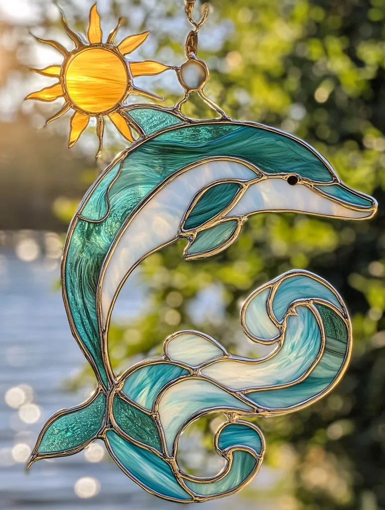 A beautiful stained-glass suncatcher depicts a dolphin leaping through teal and white waves.  The dolphin is rendered in shades of turquoise and white, with the waves swirling dynamically below. A golden sun sits above the dolphin, adding a bright, cheerful element to the piece.  The intricate detail and vibrant colors create a captivating and whimsical ocean scene.