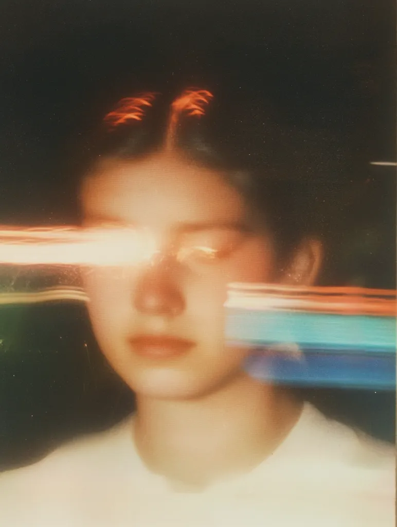 A blurry, ethereal portrait of a young woman, her face partially obscured by streaks of vibrant light.  The warm tones of the image create a dreamy, nostalgic atmosphere.  The blurred lights suggest motion and a sense of fleeting time, adding to the image's mysterious and evocative quality.  She wears a simple white shirt, and her expression is serene and peaceful.