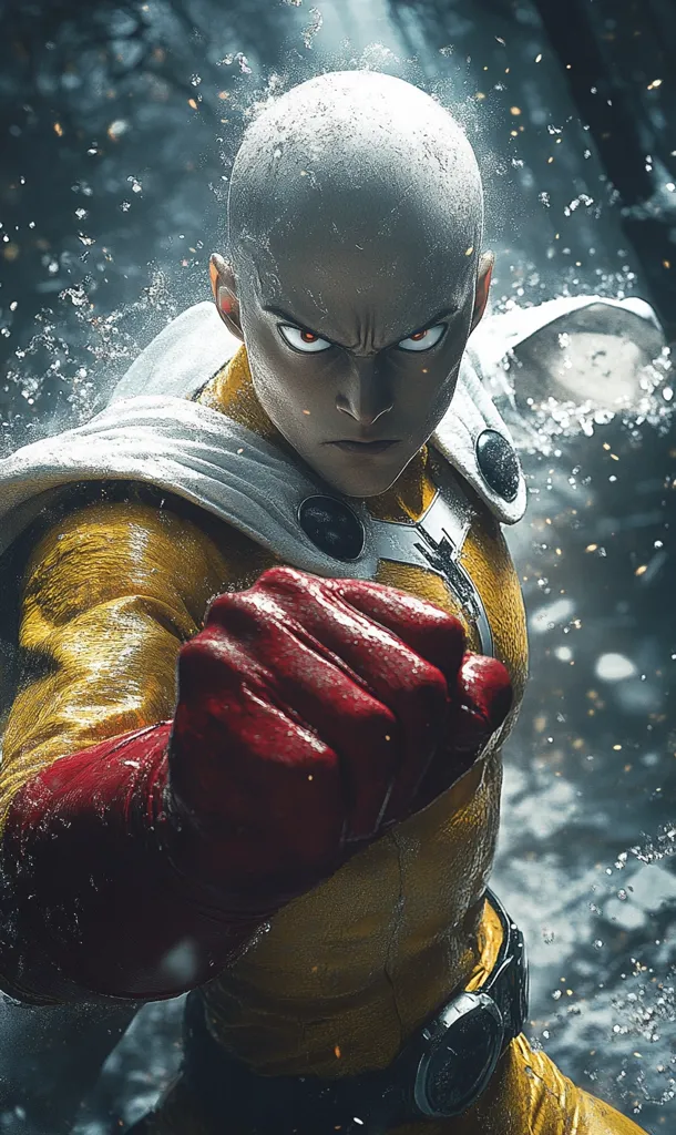 A dramatic close-up depicts Saitama, the One-Punch Man, in a dynamic pose.  His bald head and intense gaze are accentuated by the surrounding spray and dust particles.  Clad in his iconic yellow suit with red gloves, he powerfully thrusts his fist forward, suggesting immense strength and impending action.  The dark, atmospheric background adds to the overall intensity of the image.